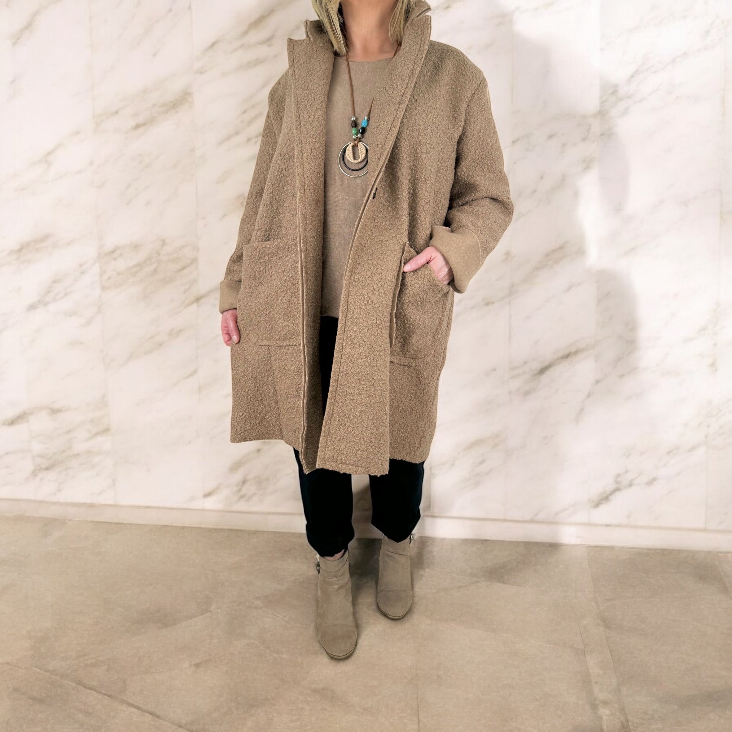 Wool Mix Long Line Double Pocket Teddy Button Coat AW24