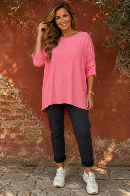Fine Knit Button Sleeve Batwing Angelica Top - Amalfi Rose