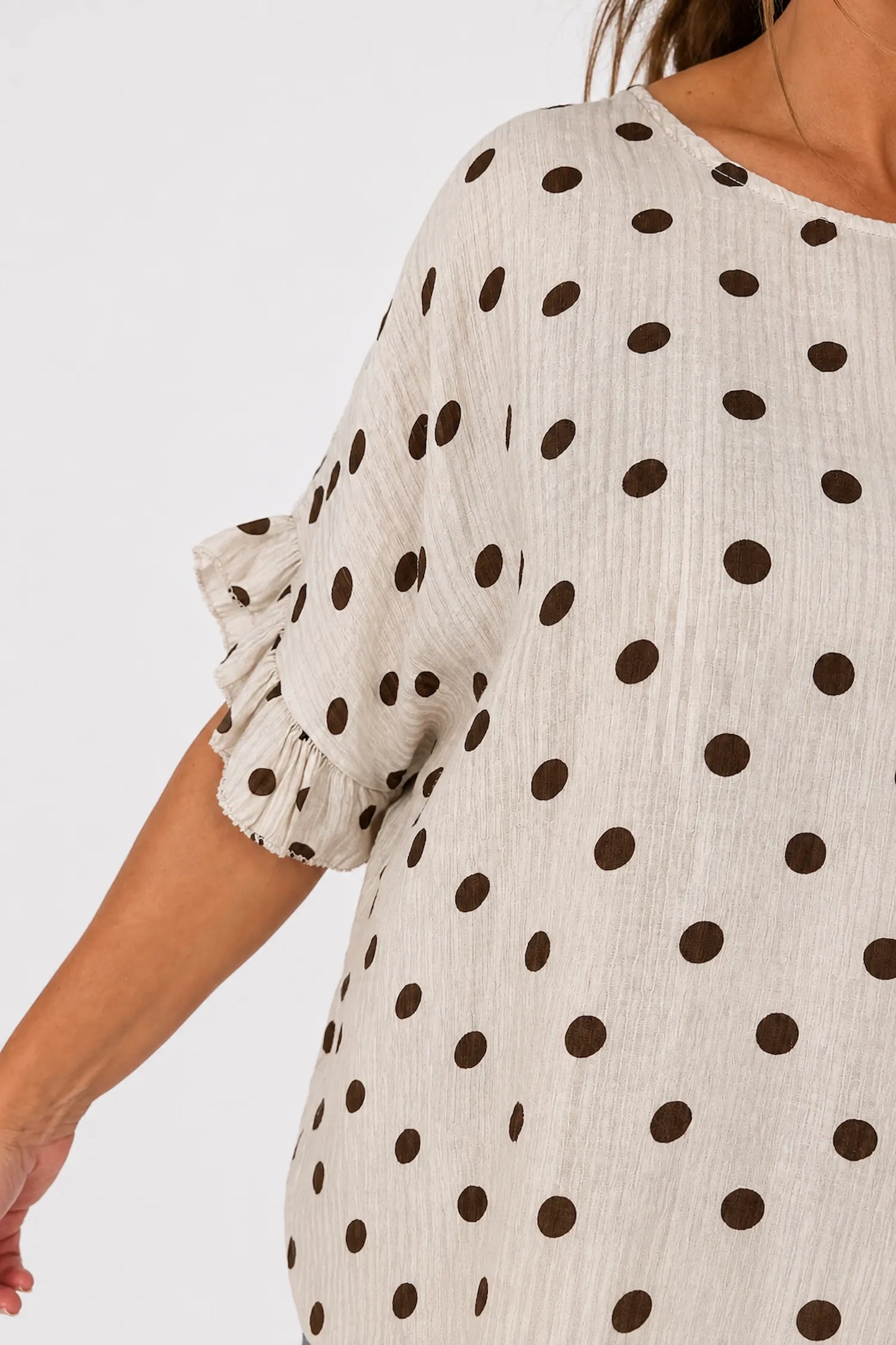 Polka Dot Frill Sleeve Soft Stitch Allegra Top - Beige