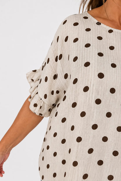 Polka Dot Frill Sleeve Soft Stitch Allegra Top - Beige