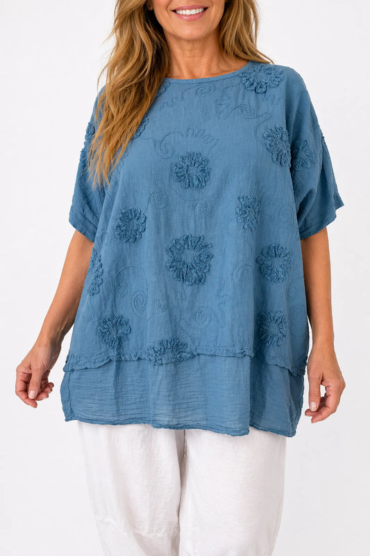 Pure Cotton Embroidered Floral Detail Positano Top - Denim