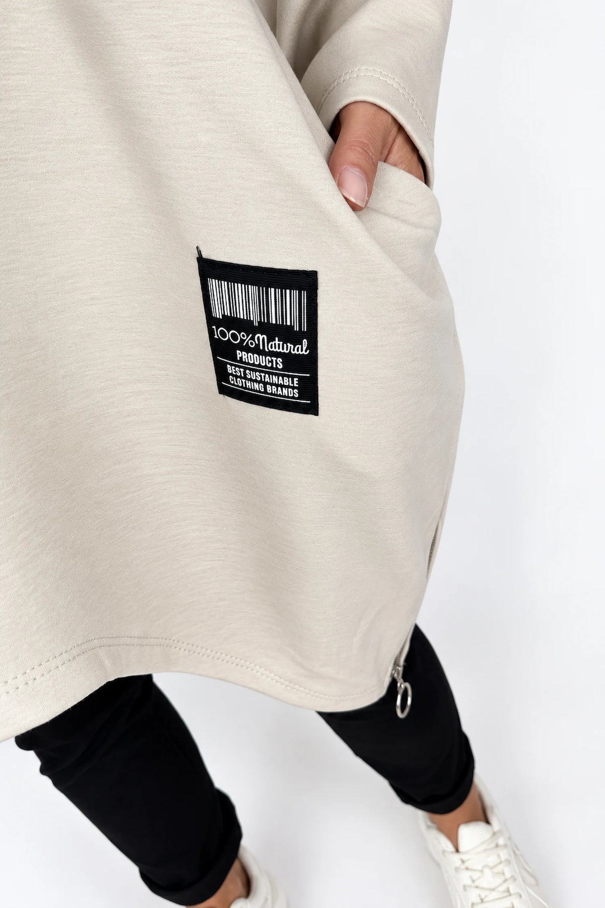 Zipped Hem Badge Detail Double Pocket Lorrie Top - Beige