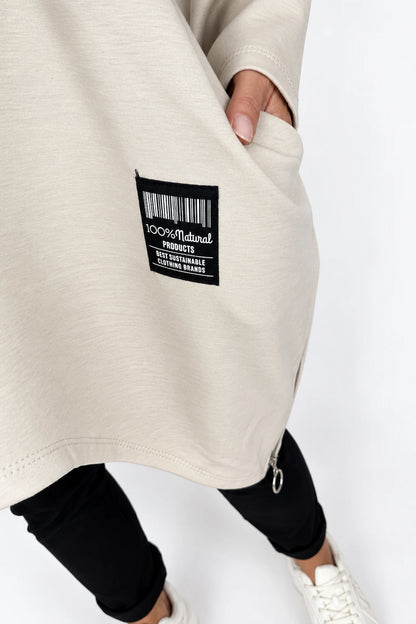 Zipped Hem Badge Detail Double Pocket Lorrie Top - Beige
