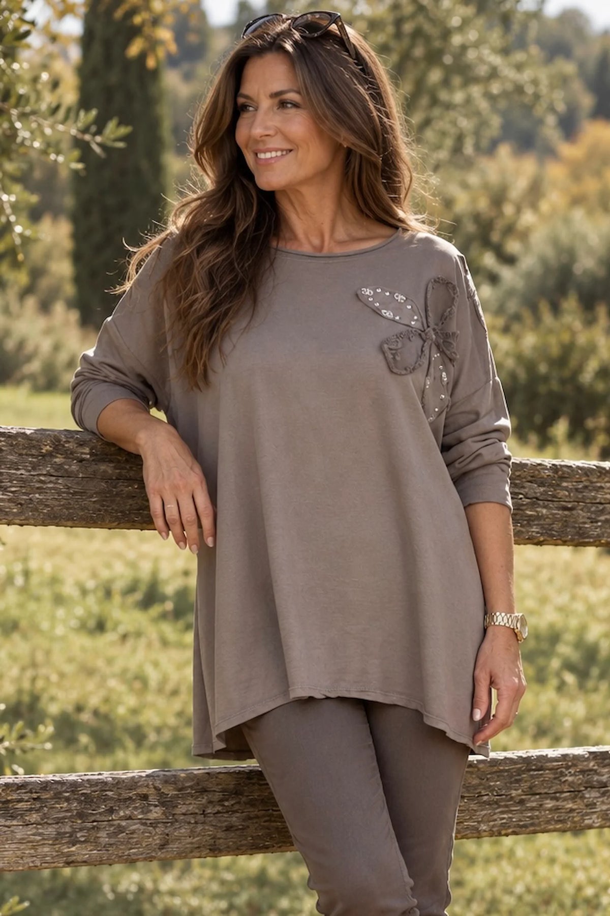 Cotton Emalise Frayed Edge Floral Top - Mocha