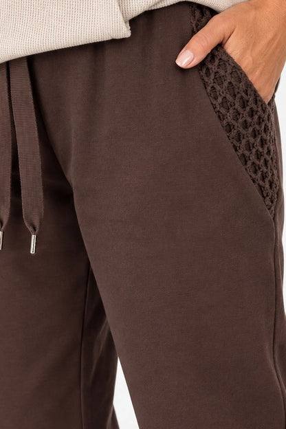 Premium Weight Cotton Crochet Pocket Detail Taliana Joggers - Chocolate