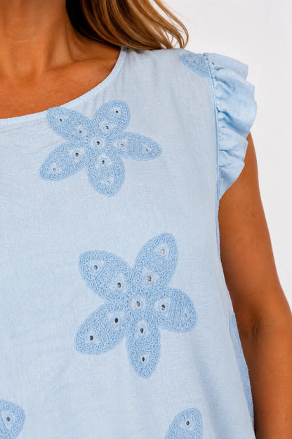 Frill Sleeve Embroidered Floral Detail Sienna Cap Sleeve Top - Baby Blue