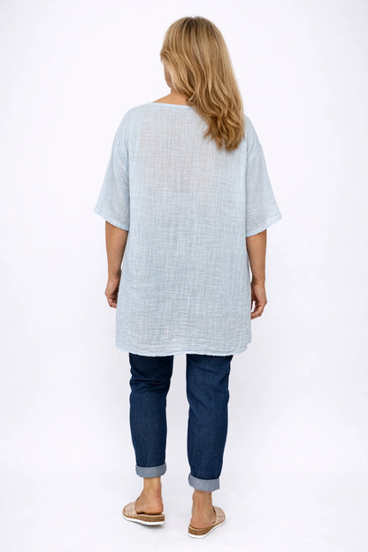 Pure Cotton Embroidered Floral Juliette Top - Baby Blue