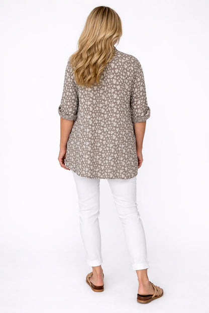 Linen Look Cotton Button Sleeve Daisy Button Shirt - Mocha