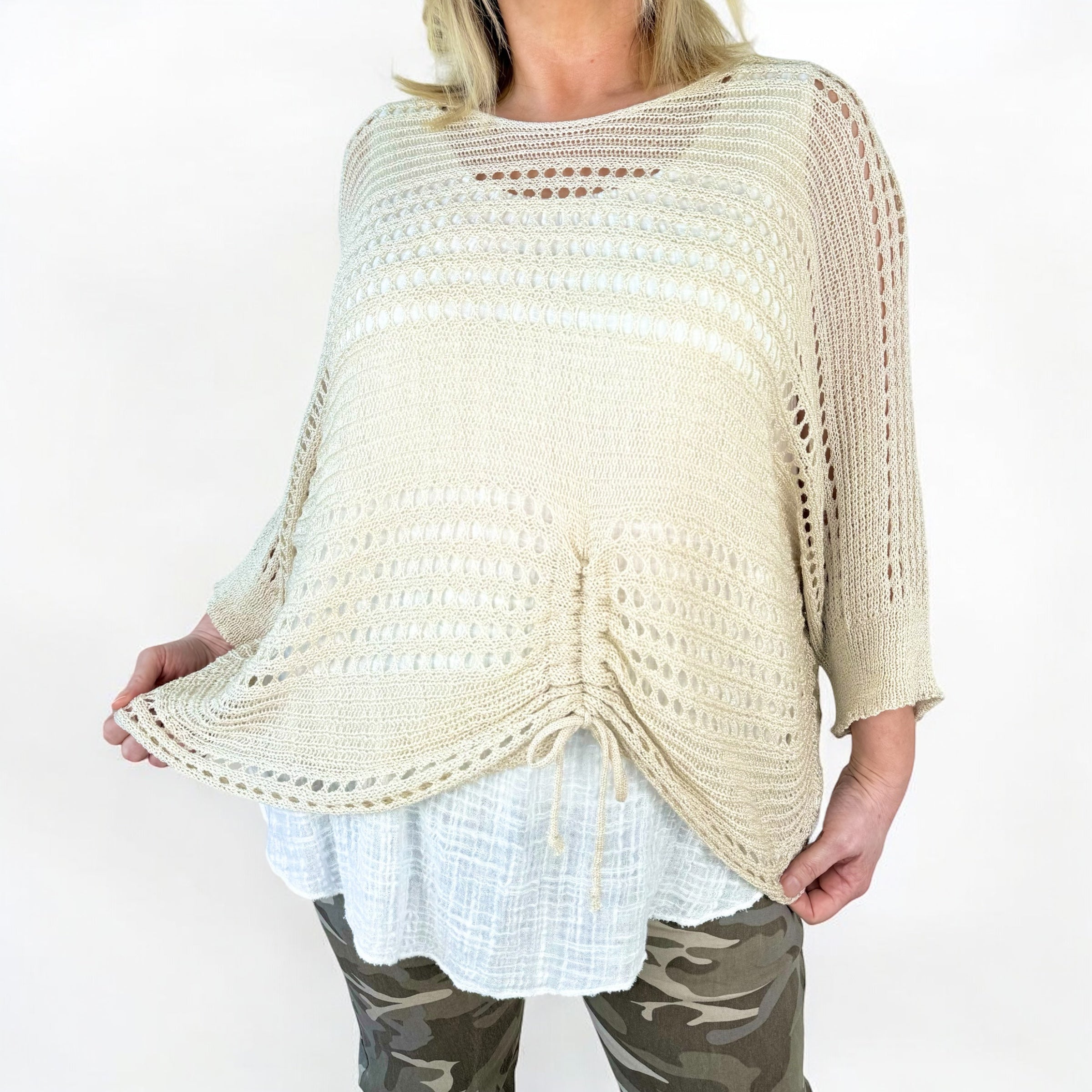 Darla Batwing Rugged Detail Crochet Top - Beige