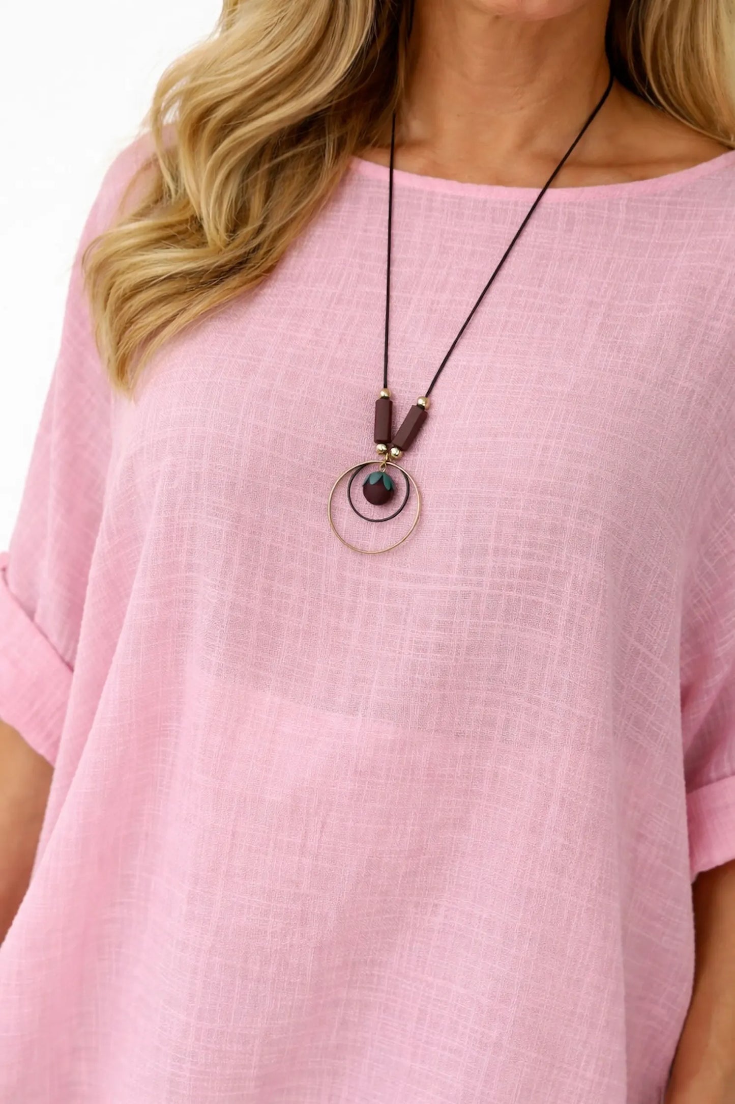 Pure Cotton Linen Look Italia Necklace Top - Baby Pink