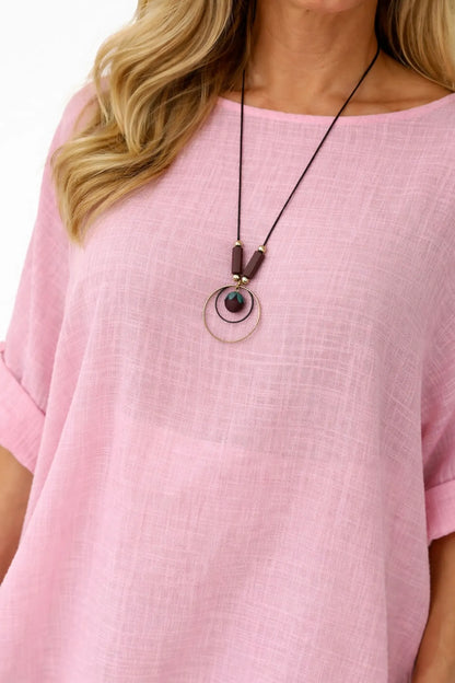 Pure Cotton Linen Look Italia Necklace Top - Baby Pink