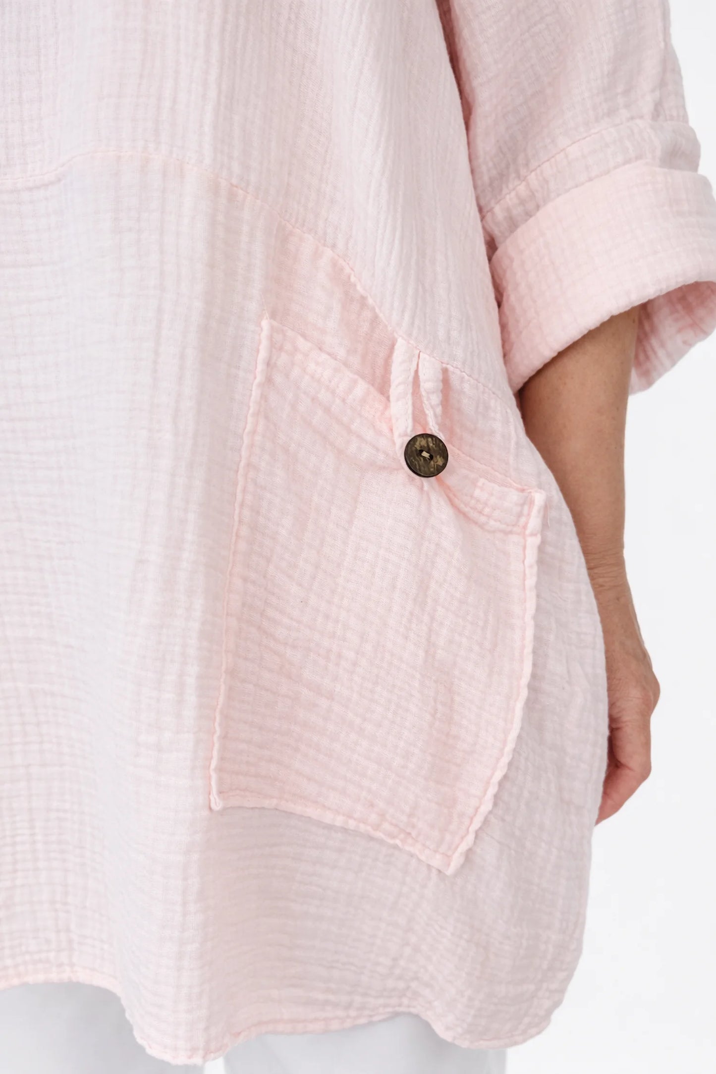 Bubble Cotton Double Button Pocket Tunic Top - Baby Pink