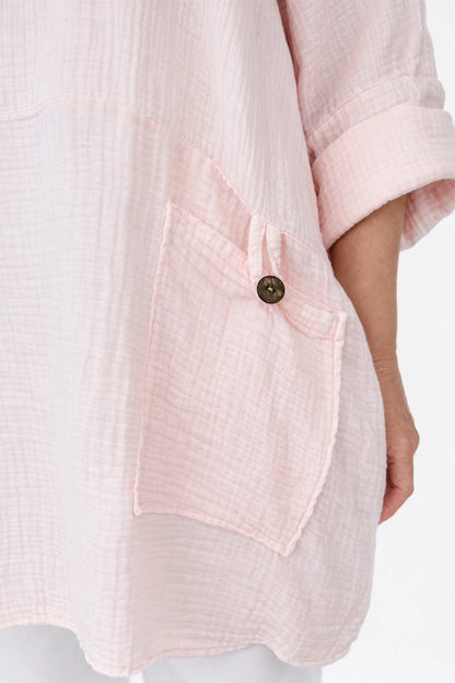 Bubble Cotton Double Button Pocket Tunic Top - Baby Pink