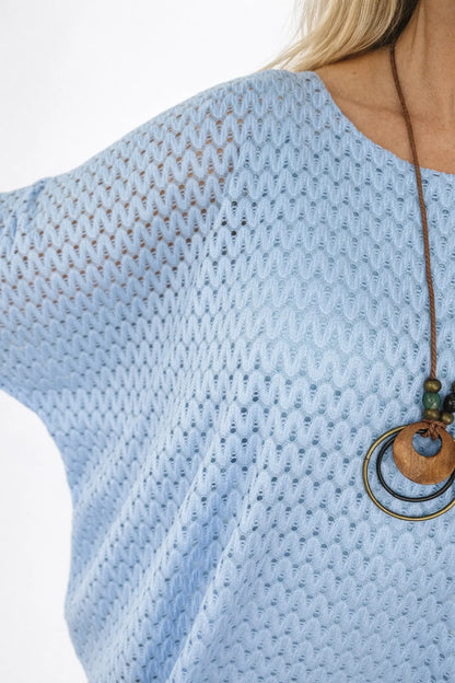 Fully Lined Marcella Batwing Crochet Necklace Top - Baby Blue