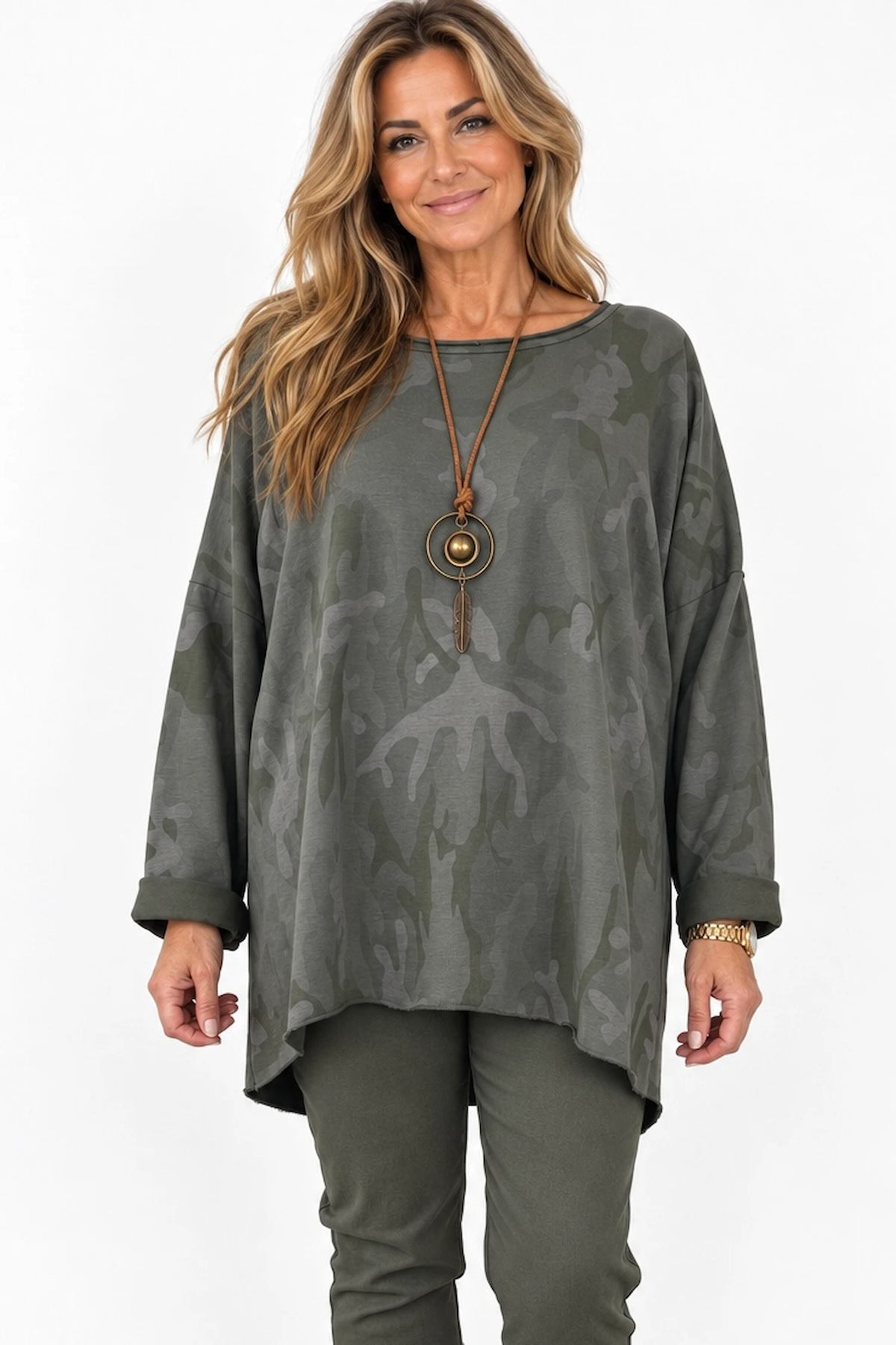 Cotton Raw Edge Hem Catia Camo Necklace Top - Muted Khaki
