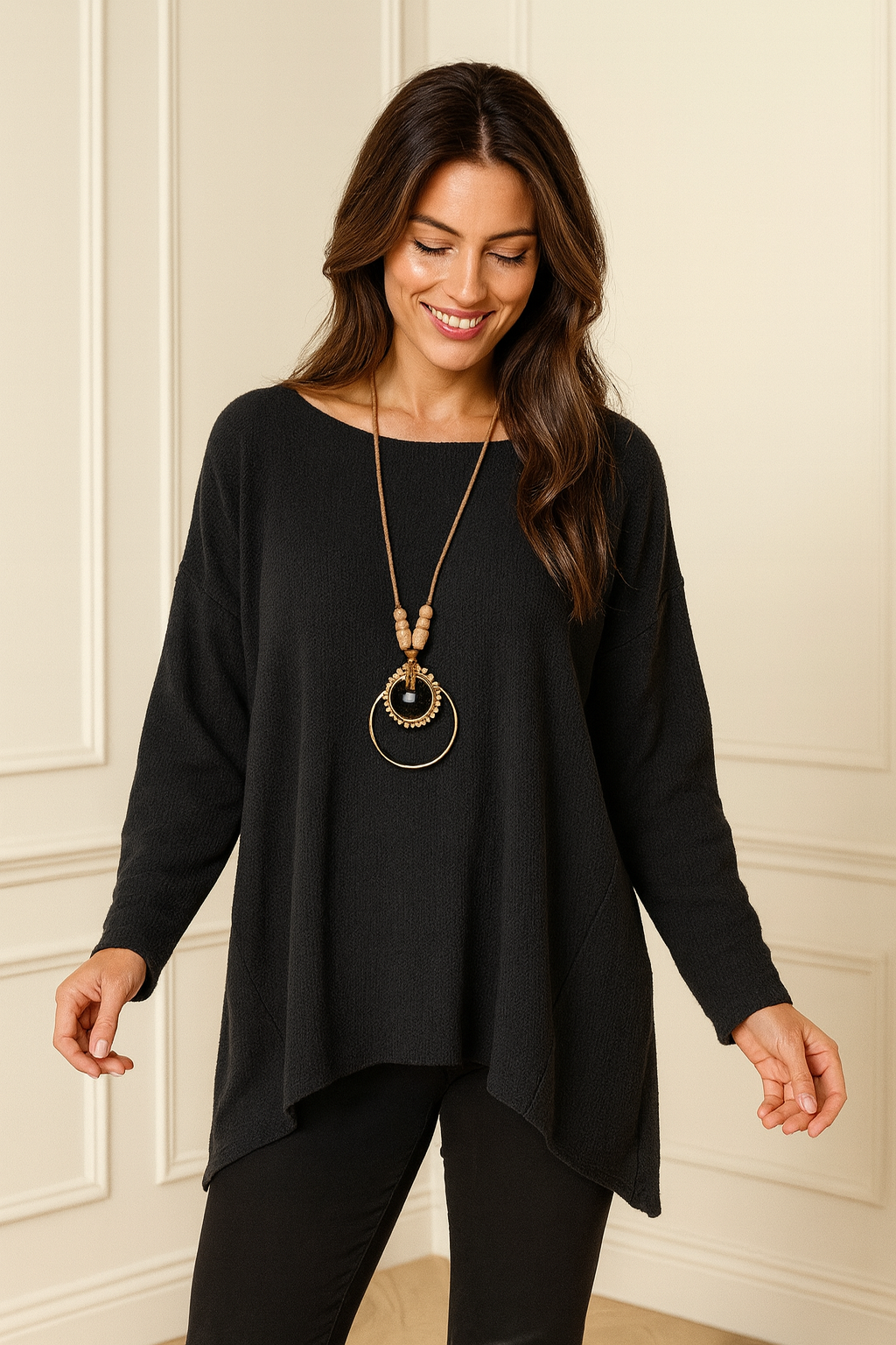 Wool Mix Ribbed Knit Marcela Necklace Top - Black
