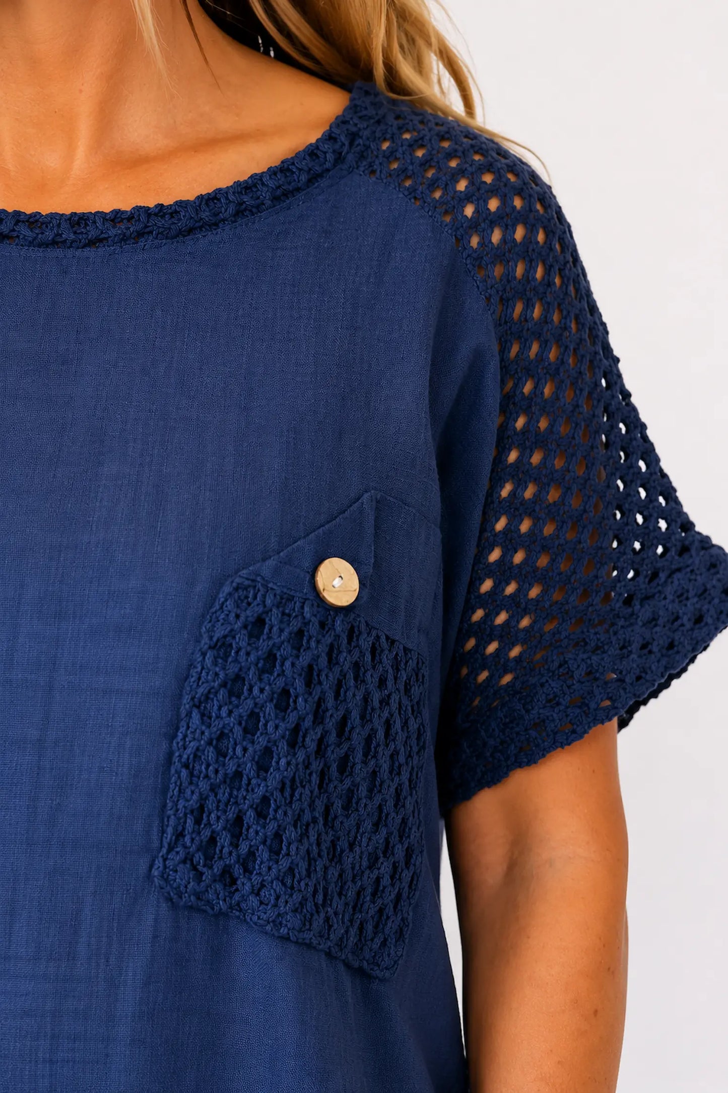 Pure Cotton Crochet Detail Button Pocket Palermo Top - Navy