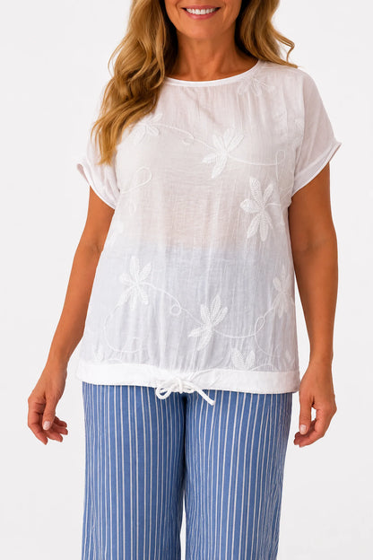 Cotton Drawstring Hem Embroidered Floral Marella Top - White