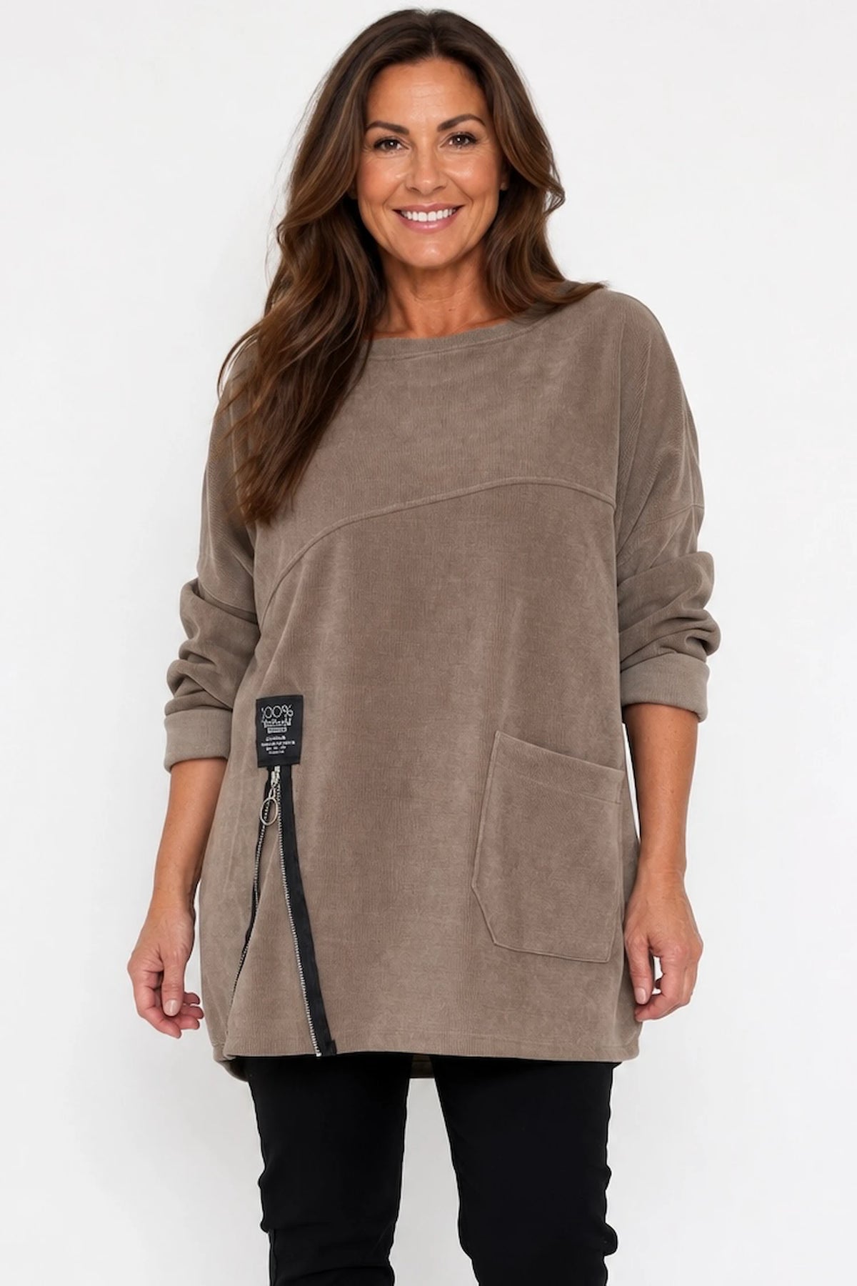 Zipped Hem Badge Detail Ciello Chenille Pocket Top - Mocha