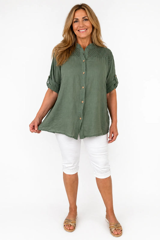 Linen Look Pure Cotton Mesh Detail Button Sleeve Valencia Button Shirt - Khaki