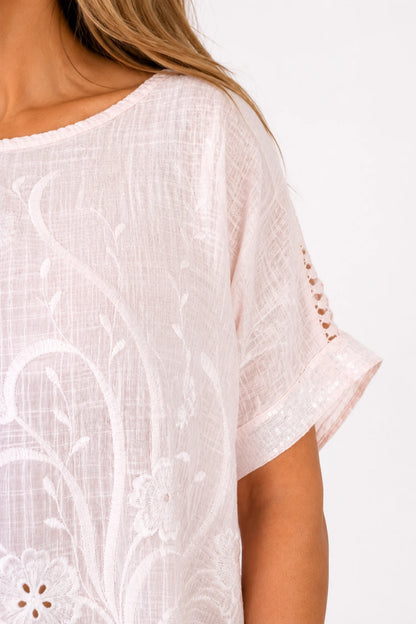 Cotton Crochet Detail Embroidery Anglaise Sequin Hem/Sleeve Selina Top - Baby Pink