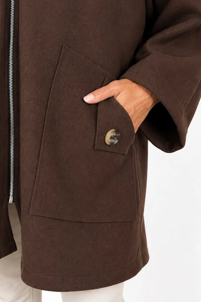 Double Button Pocket Zipped Button Back Sophia Hooded Coat - Chocolate