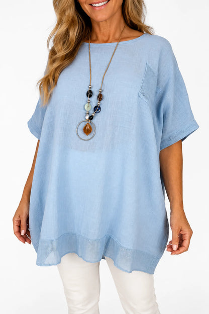 Pure Cotton Mesh Detail Pocketed Portofino Necklace Top - Baby Blue