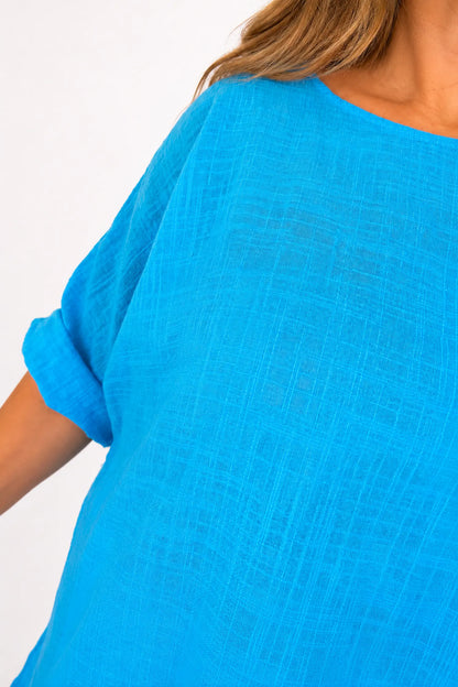 Pure Cotton Embroidery Anglaise Crochet Hem Caprina Top - Turquoise