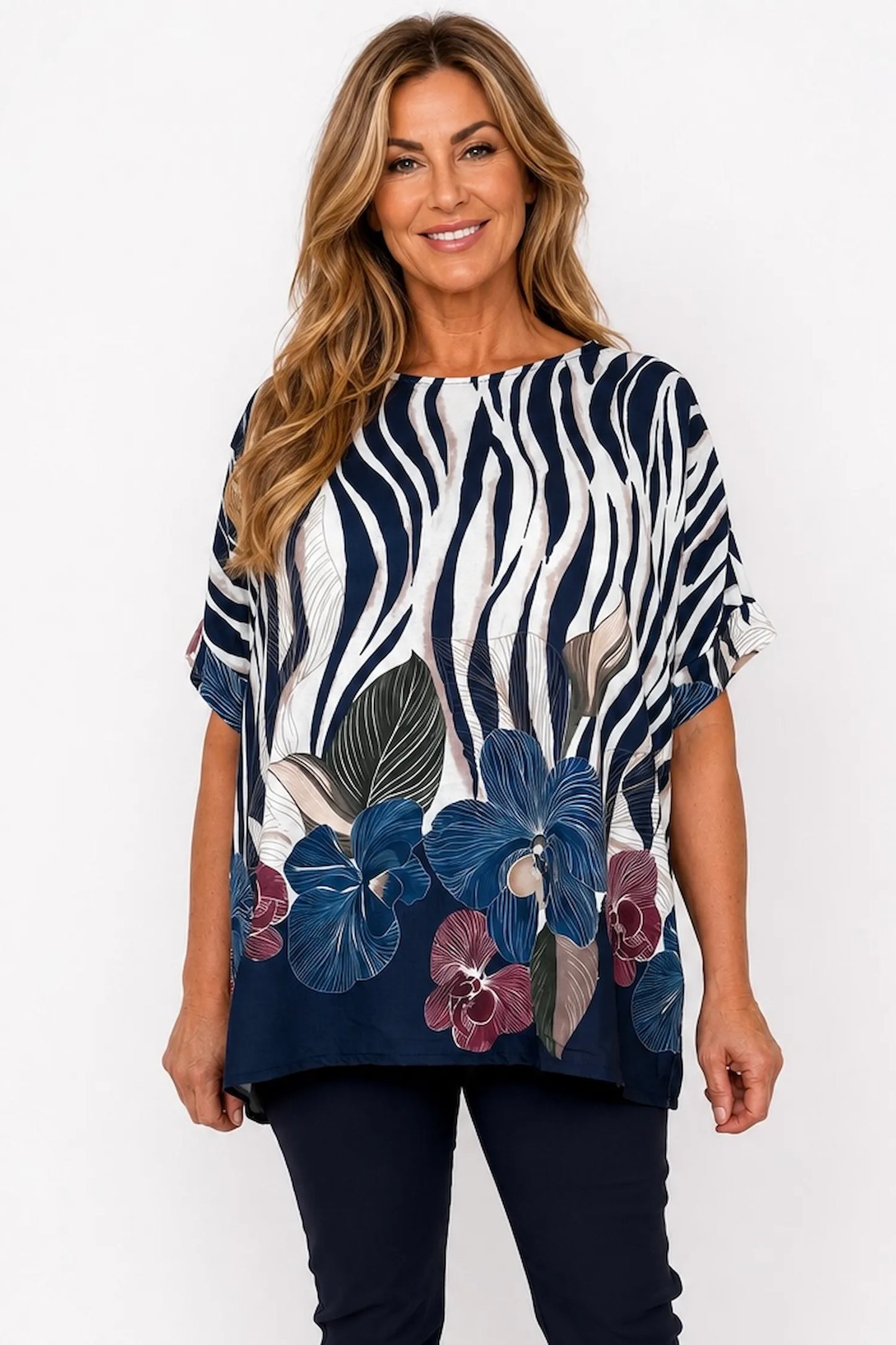 Lightweight Floral Zebra Kassi Top - Midnight Blue