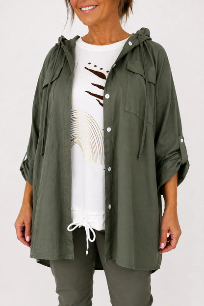 Cotton Double Flap Pocket Button Sleeve Izzy Hooded Overshirt - Khaki