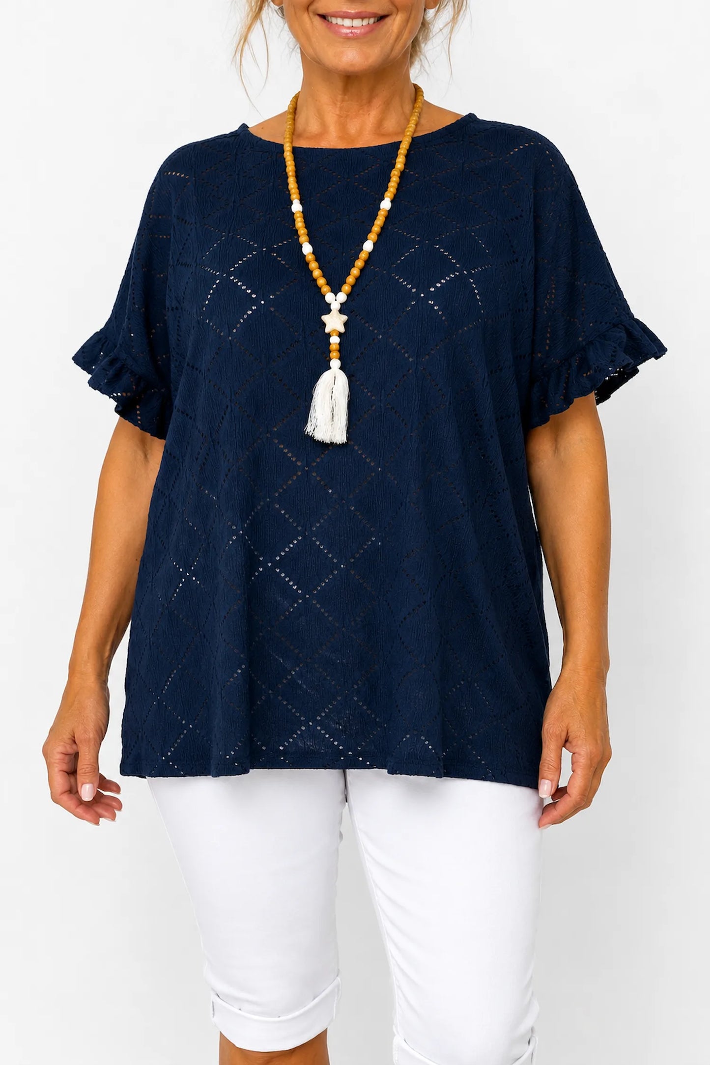Lightly Textured Frill Sleeve Giana Necklace Top - Navy