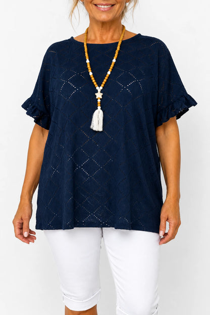 Lightly Textured Frill Sleeve Giana Necklace Top - Navy