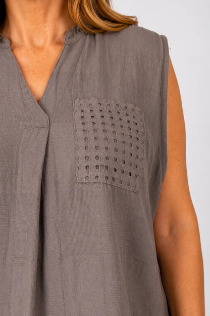 Pure Cotton Mesh Detail Rosetta Pocket Cap Sleeve Top - Mocha