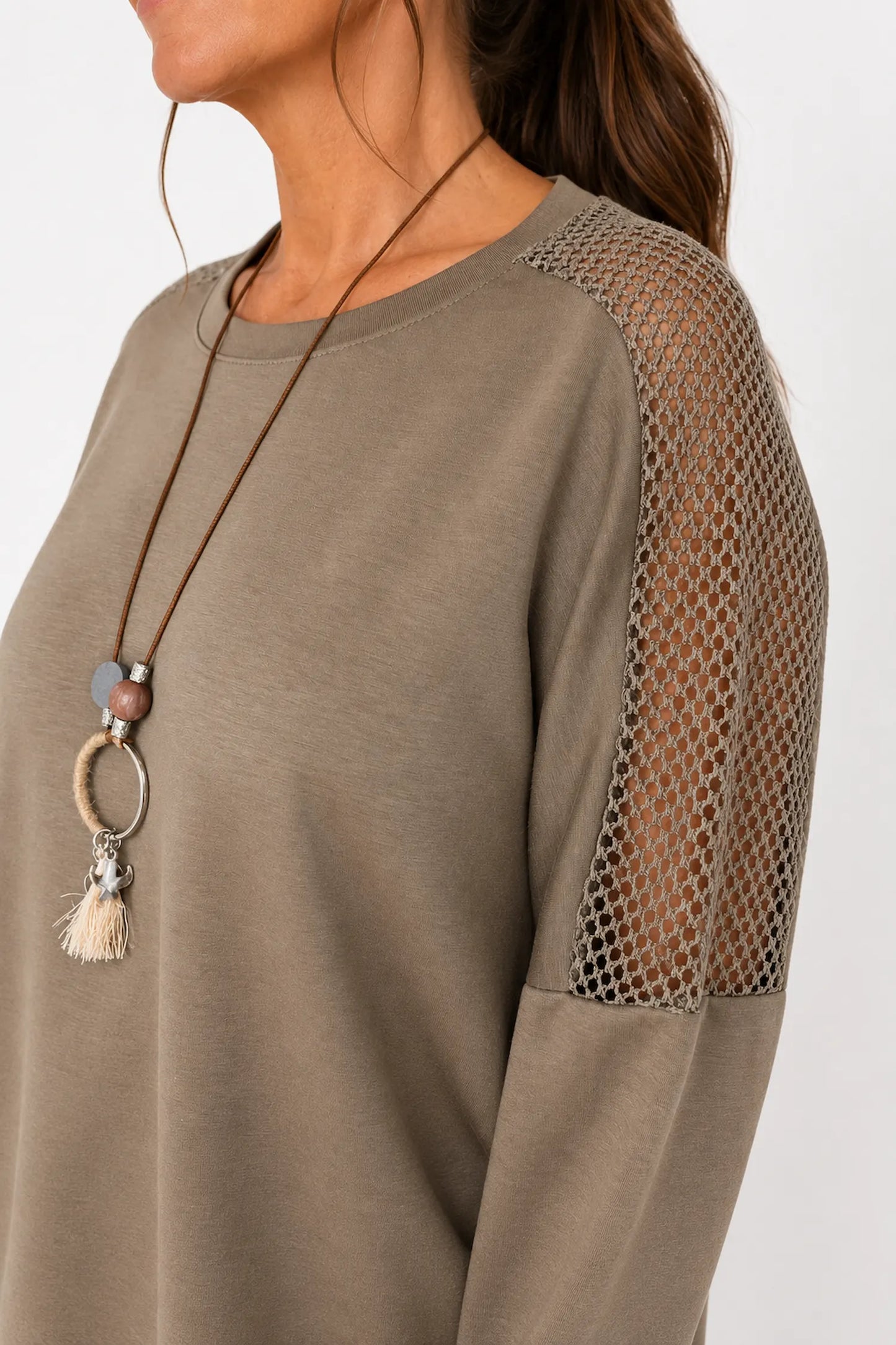 Roxanne Mesh Detail Necklace Top - Mocha