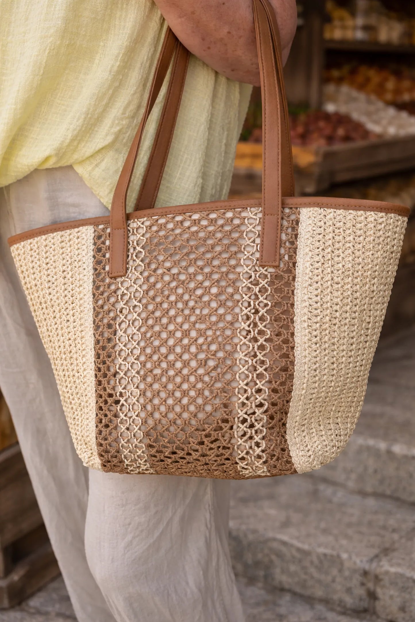 Milan Woven Double Faux Leather Strap Tote Bag