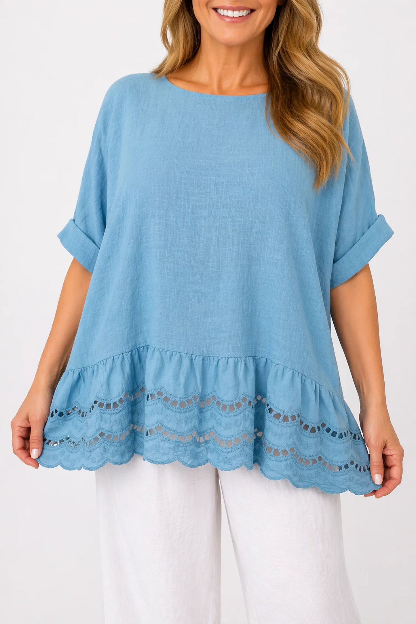 Pure Cotton Embroidery Anglaise Crochet Hem Caprina Top - Denim