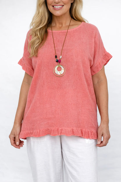 Linen Cotton Mix Frill Sleeve And Hem Iris Necklace Top - Washed Coral