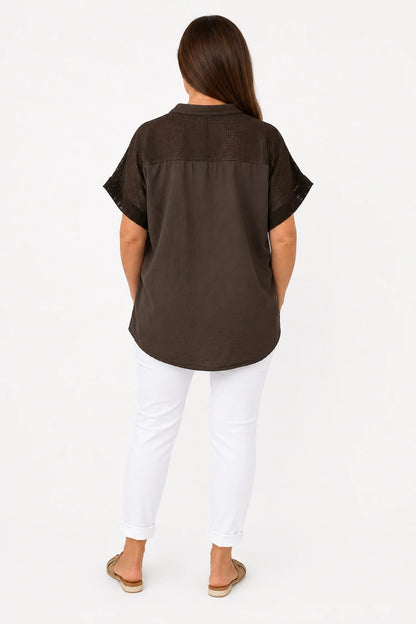 Pure Cotton Embroidered Floral Detail Mesh Sleeve/Back Lucia Shirt - Chocolate