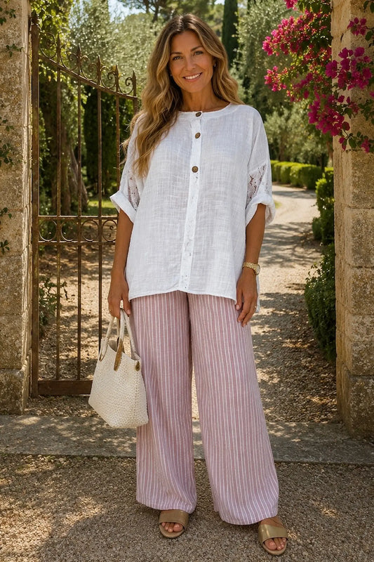 Linen Look Cotton Lace Sleeve Calabri Button Top - White