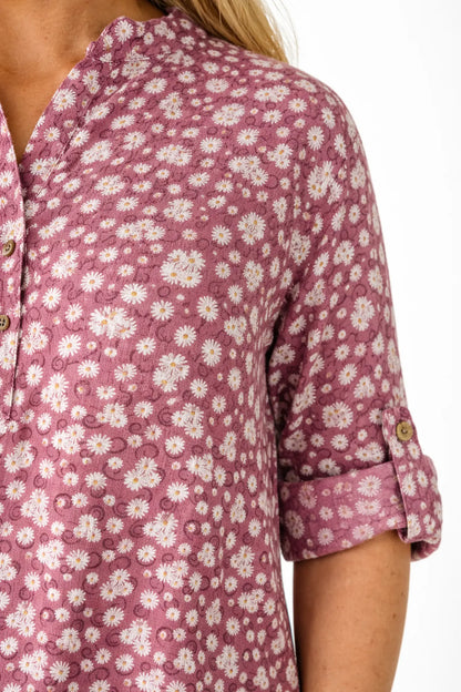 Linen Look Cotton Button Sleeve Daisy Button Shirt - Raspberry Ripple