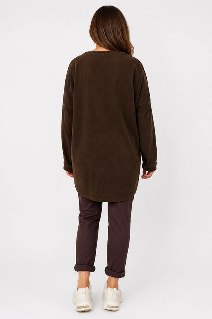 Zipped Hem Badge Detail Ciello Chenille Pocket Top - Chocolate