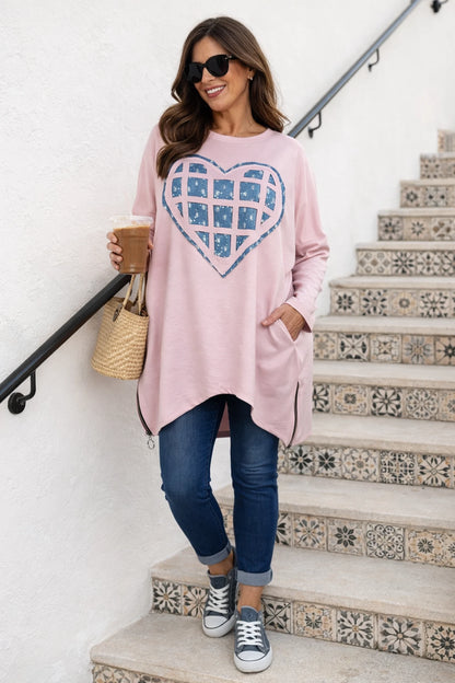 Sparkle Denim Heart Zip Side Detail Maria Sweatshirt - Baby Pink