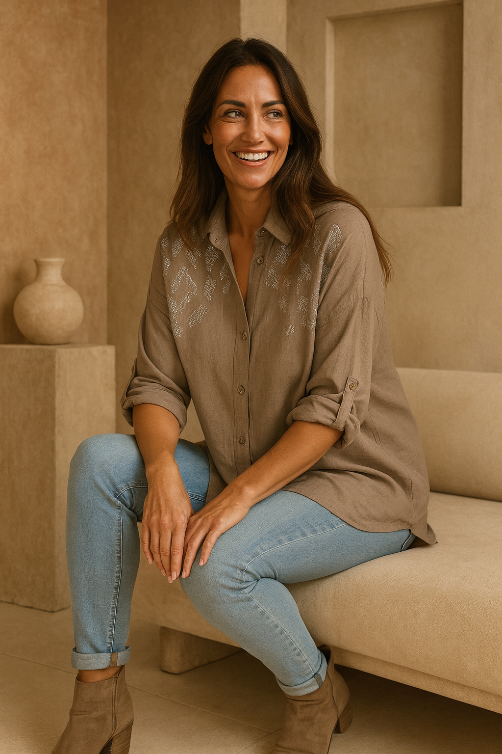 Premium Stitch Diamanté Leopard Celeste Button Sleeve Shirt - Mocha