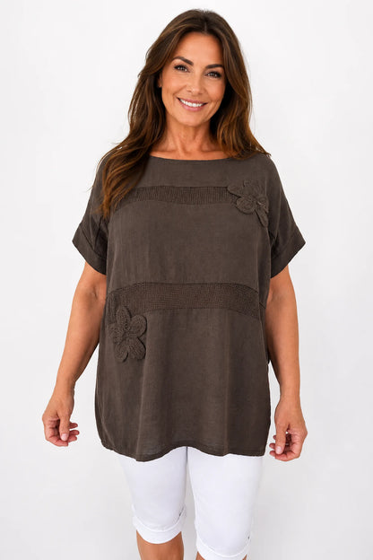 Pure Cotton Embroidered Flower Mesh Detail Capari Top - Chocolate