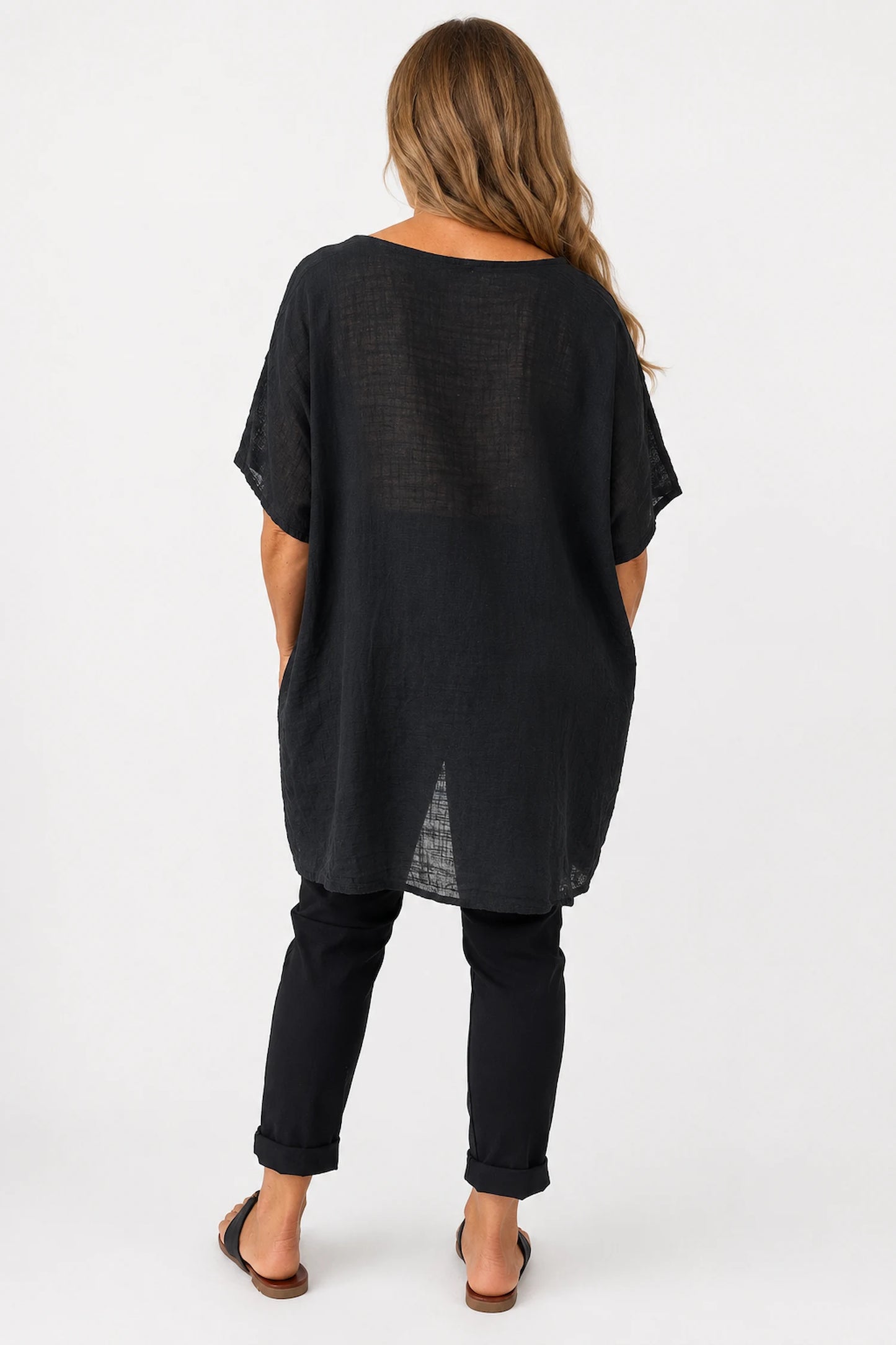Pure Cotton Double Pocket Coté Tunic Top - Black