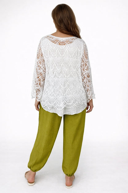 Pure Cotton Tied Coterra Crochet Cardigan - White