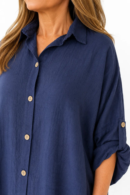 Button Sleeve Maxine Longline Button Shirt - Navy