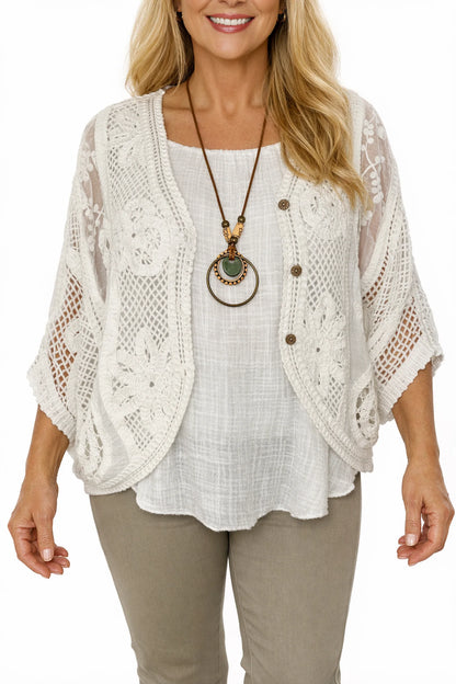 Cotton Juliana Button Batwing Crochet Floral Cardigan - White