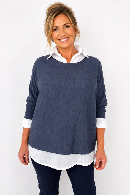 Cotton Fine Knit Two In One Mira Top - Navy