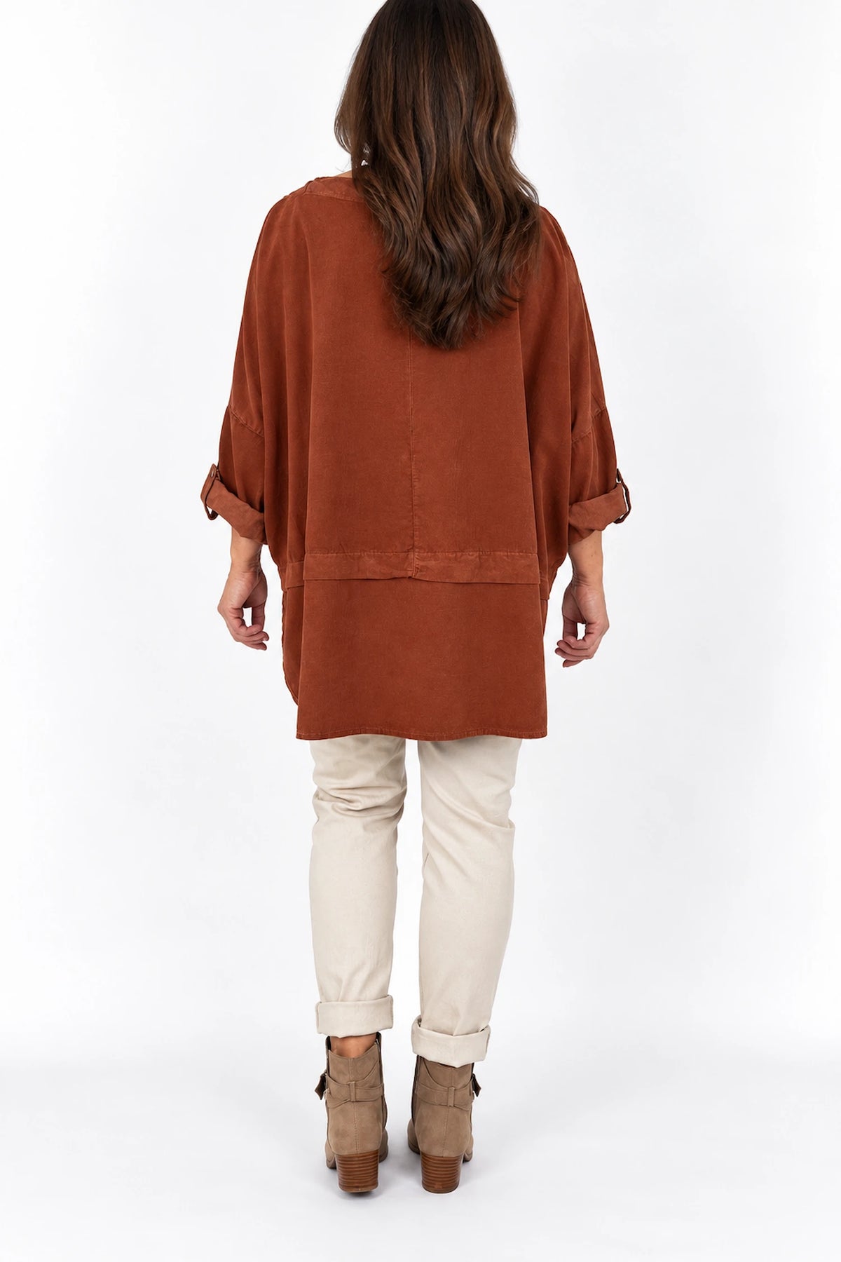 Pure Cotton Needlecord Button Sleeve Button Detail Riviera Top - Burnt Orange